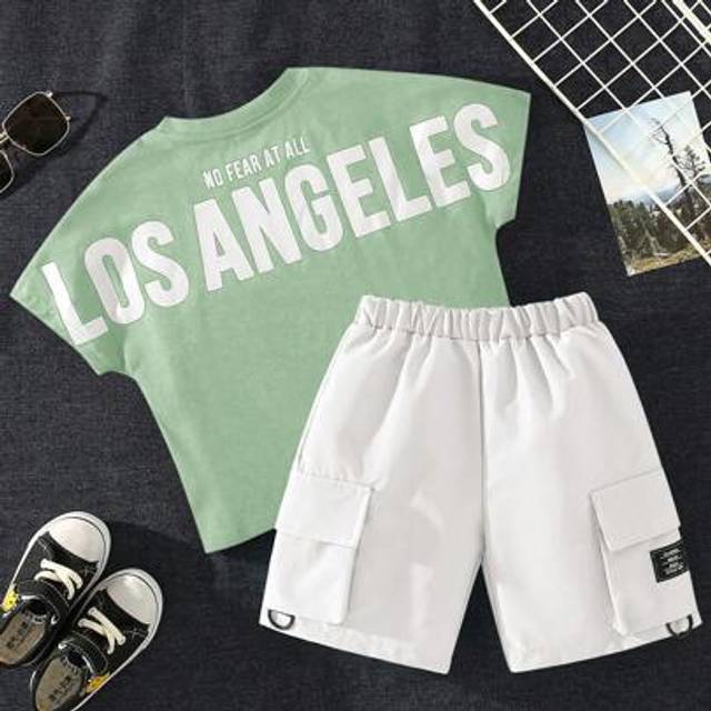 SHEIN 2pcs/Set Toddler Boys Casual Street Stylish Los Angeles Letter Print Loose Round Neck T-Shirt & Sports Shorts Outfit