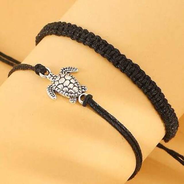 SHEIN 2pcs New Vintage Style Handmade Braided  Rope Anklets Turtle Shaped, Unisex Fashion Accessory For Beach Time