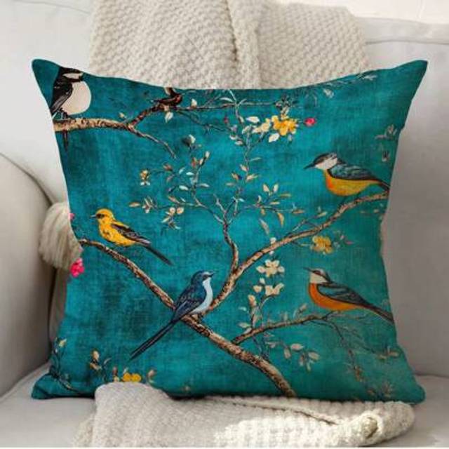 SHEIN 1pc Chinoiserie Birds In Turquoise - 17.7*17.7inch Soft Plush Pillow Cover, Single-Sided Print, Zip Closure - Perfect For Sofa & Home Decor