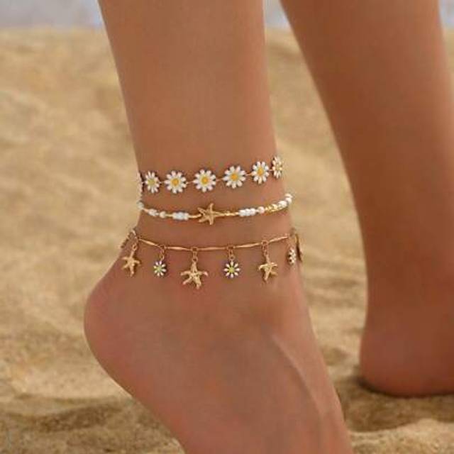 SHEIN 3pcs/Set Summer Sweet Daisy Flower Decoration Anklet, Elegant Romantic Floral Starfish Tassel Multilayer Foot Jewelry For Women, Suitable For Daily We