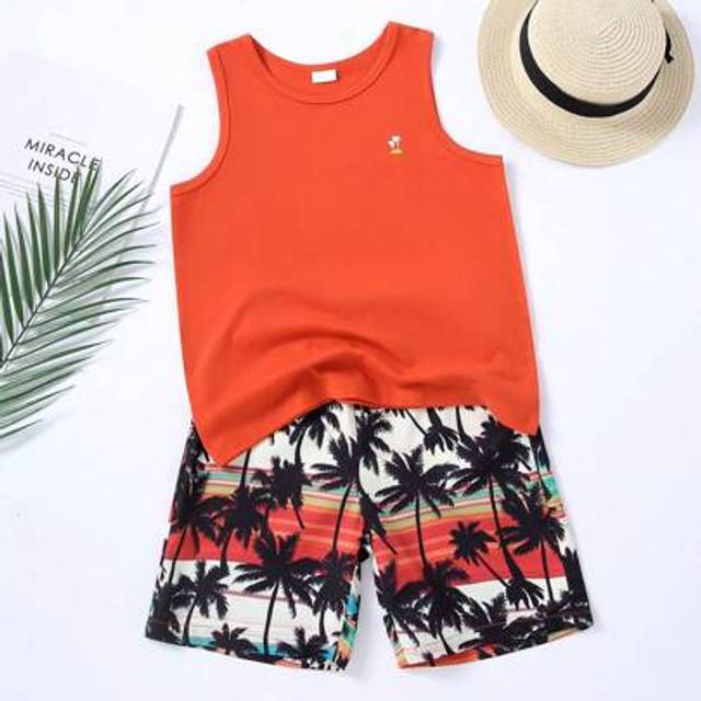 SHEIN 2pcs/Set: Teen Boy Tree Print Sleeveless T-Shirt And Elastic Waist Hawaiian Shorts