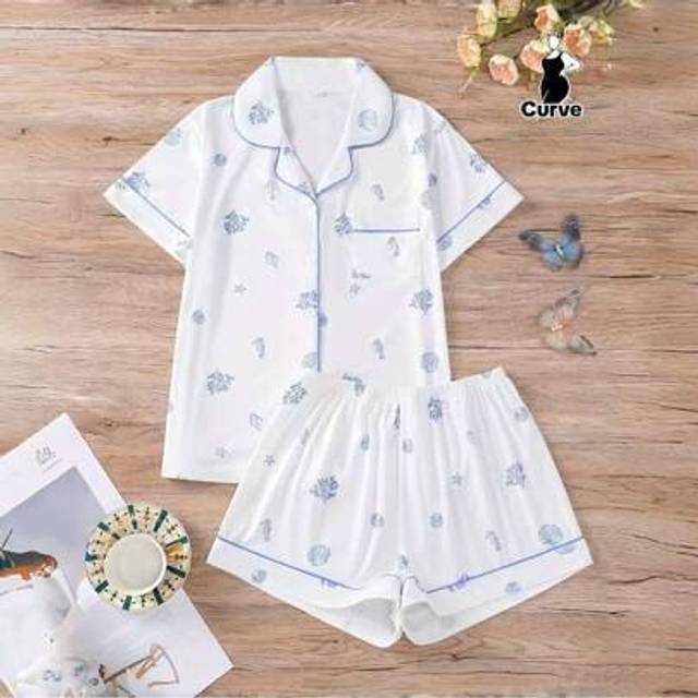 SHEIN 2pcs Set Ocean Theme Print Women Plus Size Pajamas, Soft Short Sleeve Shirt With Collar & Button, And Loose Elastic Waist Shorts, Fashionable Daily We