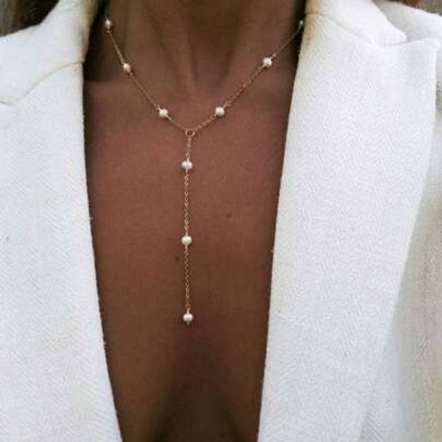 SHEIN 1pc Elegant Simulated Pearl Beaded Y-Shaped Necklace For Women, Suitable For Banquet And Parties (Random Quantity Of Pearls)