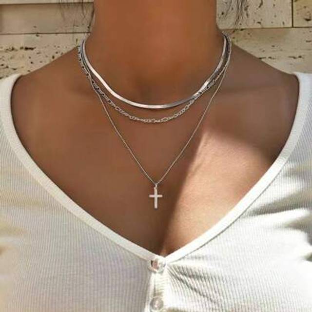 SHEIN 3pcs/Set Fashion Silver Stainless Steel Blade Chain With Copper Ball Chain Multi-Layer Cross Pendant Necklace