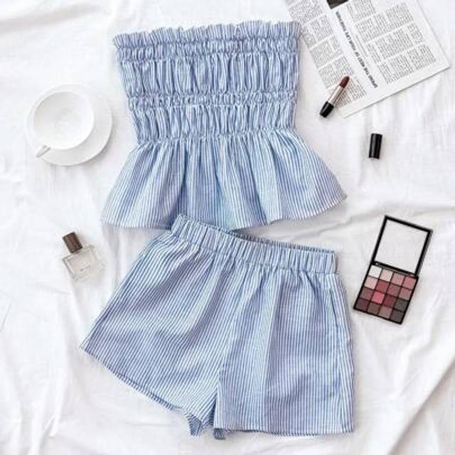 SHEIN Teen Girls Casual Homewear Cute Blue & White Stripe Tube Top Lounge Shorts 2 Pieces Set, Suitable For Summer, Party, Travel, Commute, Vacation