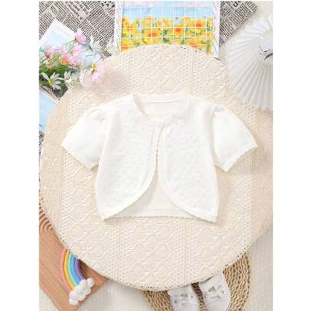 SHEIN Girls Solid Color Knit Short Sleeve Cardigan, With Delicate Lace Trim At Collar, Cuffs, And Hem, Perforated Design, Ideal For Summer Beach Wear