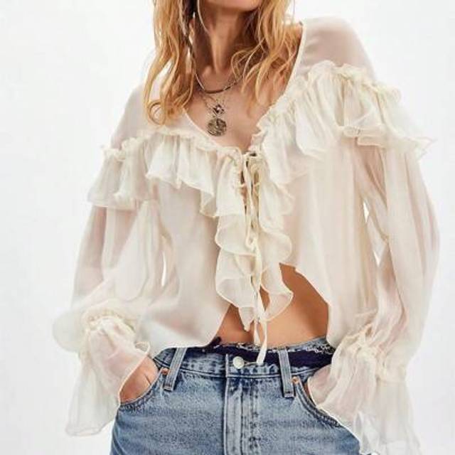 SHEIN Womens Flowy Bow Front Tie Top Long Sleeve Peplum Lace Trim Chiffon Shirt Sheer V Neck Boho Ruffle Beach Blouse