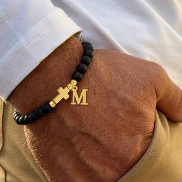 SHEIN 1pc New Gold Color Stainless Steel Initial Cross Matte Stone Beaded Bracelet For Men