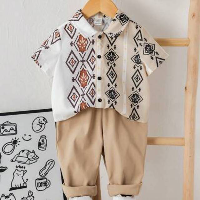 SHEIN 2pcs/Set Baby Boys/Girls Cute Retro Geometric Pattern Casual Holiday Shirt & Elastic Waist Pants Outfit, Suitable For Birthday Party, Evening Party, P