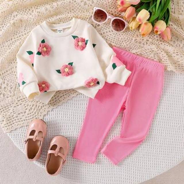 SHEIN Baby Girl 3D Floral Print Sweatshirt And Knitted Leggings Set, Casual & Cute Outfit For Baby Girls, Autumn