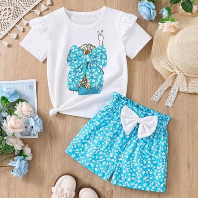 SHEIN Tween Girls Casual Cartoon Character & Floral Bow Print Ruffle Trim Short Sleeve T-Shirt And Paperbag Waist Shorts Set, Summer