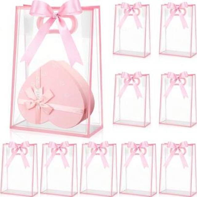 SHEIN 1/4/12 Pcs Clear Gift Bag With Ribbon For Baby Shower Cut Handles Graduation Reusable PP Flower Bag With Ribbon For Wedding Bridal Birthday Baby Showe