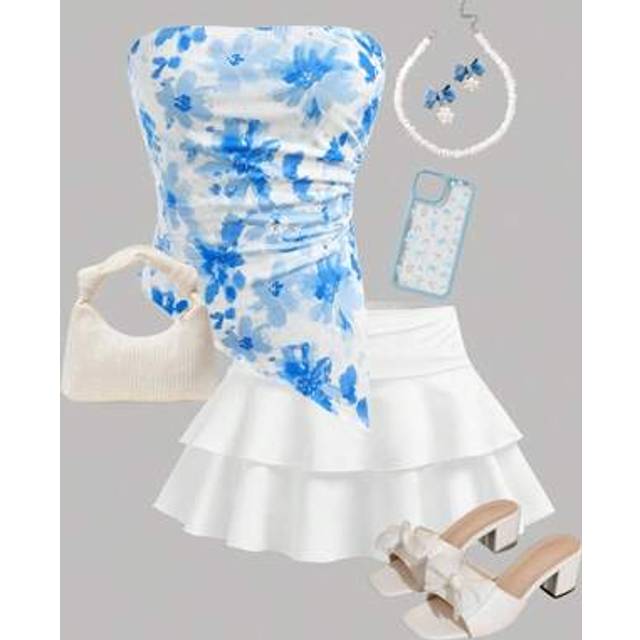 SHEIN 2pcs Set Teen Girls Blue & White Floral Print Crop Top With Ruched Asymmetrical Hem Layered Skirt Holiday Outfits
