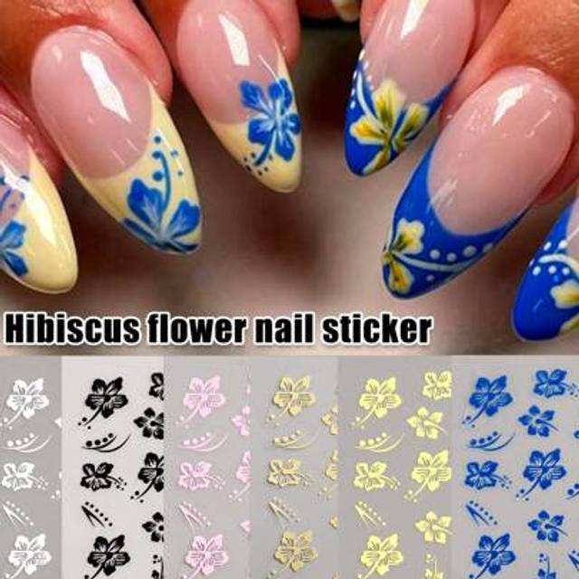 SHEIN Hibiscus Flower Nail Stickers, Hibiscus Flowers Nail Decals 3D Self-Adhesive White Pink Colorful Hawaiian Floral Sticker For Nails Cherry Blossom Nail