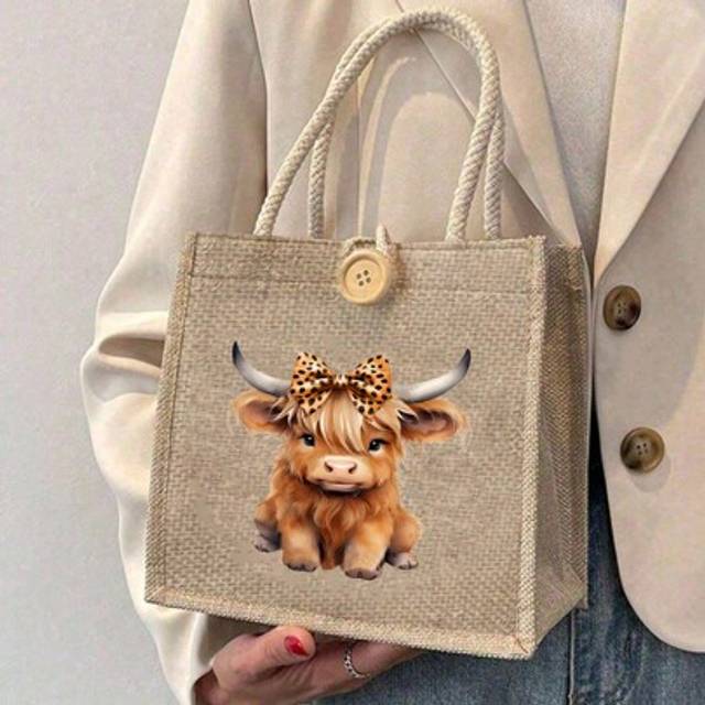 SHEIN Charming Highland Cow Theme Printed Tote Bag, Handbag, Linen Tote Bag, Travel Bag Essential, Large Capacity Handbag, Letter Printed Shopping Bag, Wome