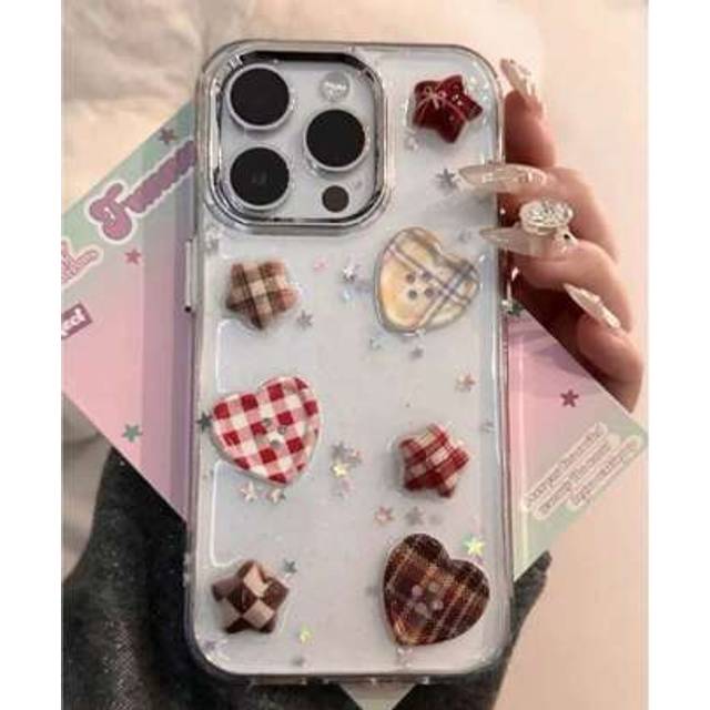 SHEIN Retro British Plaid, Star & Heart Pattern Phone Case Compatible With IPhone 11, 15 ProMax, 12, 14, 14 Pro Max, 13 Series - Full Body Protective Soft C