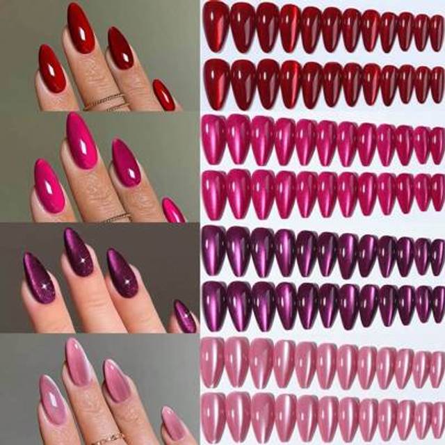 SHEIN 98pcs(4mixed )Y2K Long Almonds Glossy Aesthetic Blood-Red Crystal Cat Eye Acrylic Press On Nails Short Almond Nail Design Perfect Fit False Nails Set,