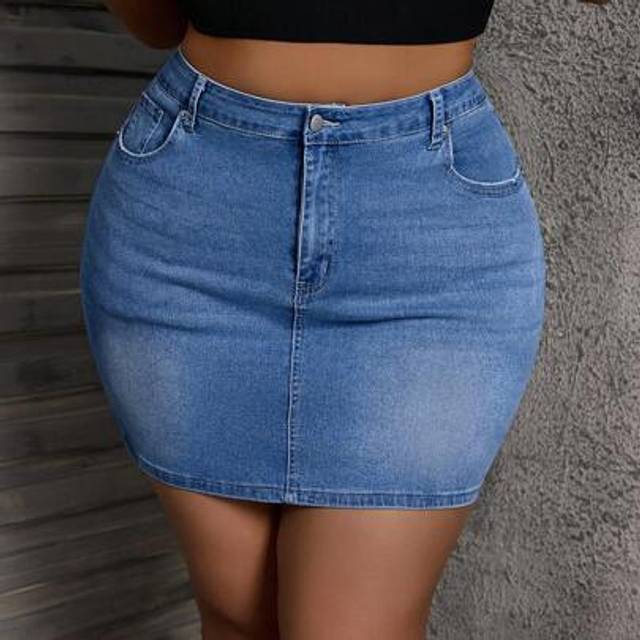 SHEIN Plus Size Casual Washed Fitted Denim Mini Skirt