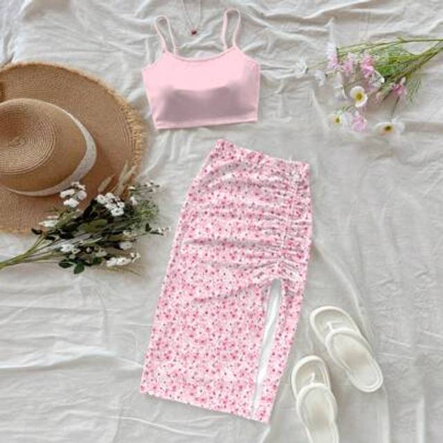 Soleia 2pcs/Set Floral Pattern Cropped Cami & Mini Skirt, Casual Summer Vacation Outfit For Women Summer Skirt Set