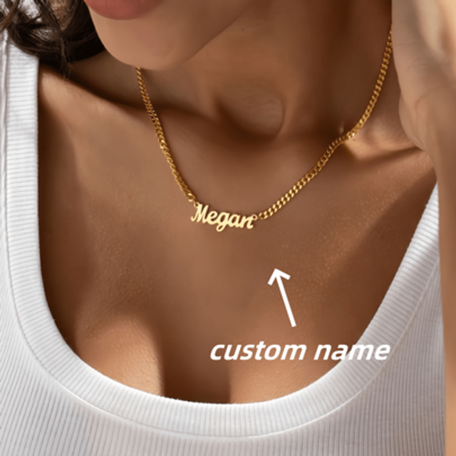 SHEIN 1pc Gold Rose Gold Personalized 18K Gold Name Necklace With Curved Chain, Custom Gothic Name Necklace, Her Birthday Gift, Her Christmas Gift, Mom Than