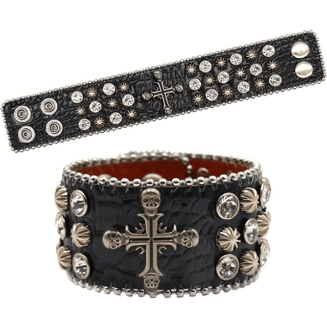 SHEIN Skull Cross Rhinestone Bracelet For Men & Women, Pu Band Hip-Hop Punk Style White Crystal Inlay Y2k Halloween Wristband