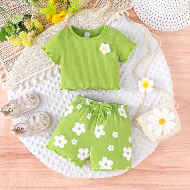 SHEIN 2pcs Baby Girls Summer Short Sleeve Crew Neck Cute Embroidered Floral T-Shirt + Bowknot Floral Print Shorts Set, Casual Comfortable Outdoor