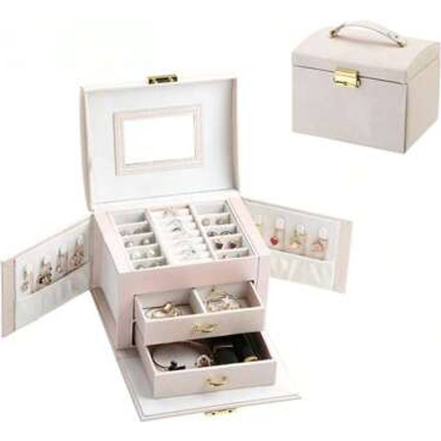 SHEIN Vintage Leather Jewelry Box With Detachable Tray, Mirror & Lock - 3-Layer Storage For Necklaces, Earrings, Watches | Multipurpose Tabletop Organizer W