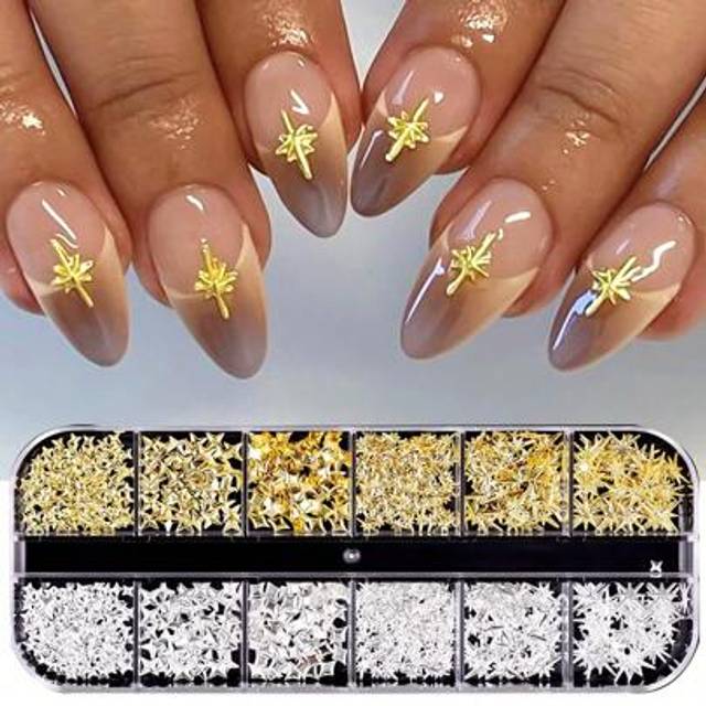 SHEIN 12Grids 3D Gold/Silver Cross Star Nail Charms Metal Alloy Starlight Stars Sparkling Starry Sky Nail Art Decoration DIY Japan Korea Nail Parts