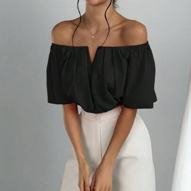 Aloruh Women Solid Color Off Shoulder V-Neck Cinching Waist Blouse,Short Sleeve Tops