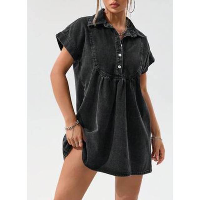 SHEIN Plain Color Button Casual & Fashionable Short Sleeve Denim Dress