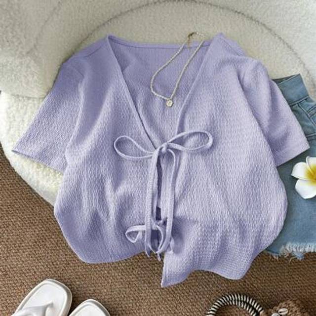 Luneh Light Yellow Front Tie Knit Sweater Top, Sexy Cute Fashion Casual For Women