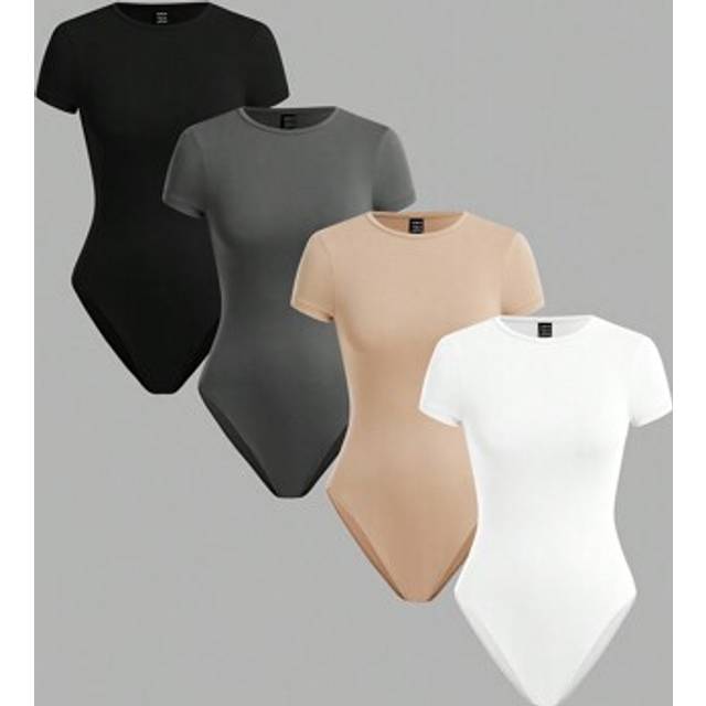 SHEIN 4pcs Plain Knit Round Neck Short Sleeve Fitted Women Bodysuit, Casual
