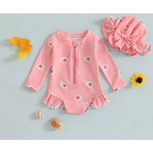 SHEIN 2Pcs Baby Girls Swimsuit Long Sleeve Flower Print Zipped Bikini With Hat Newborn Swimwear For Summer Bathing