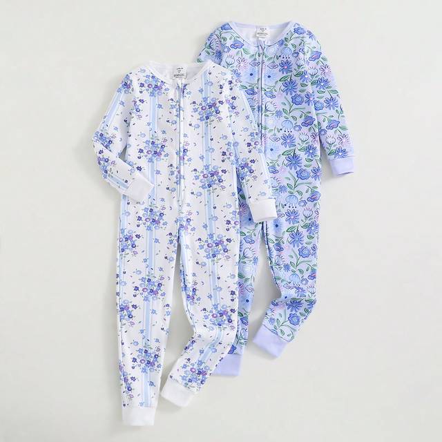 SHEIN 2pcs Young Girl Minimalist Floral Print White & Blue Zip-Up Jumpsuit Pajamas Set, Soft & Comfortable For Home & Sleepwear