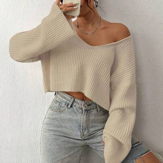 Flirla Women&#39;s Oversized V-Neck Textured Knit Casual Sweater, Autumn/Winter,Long Sleeve Tops