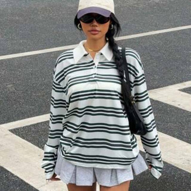 SHEIN Plus Size Women&#39;s Striped Polo Neck Drop Shoulder Sweatshirt,Summer, Preppy Clothes, Long Sleeve Polo Shirt