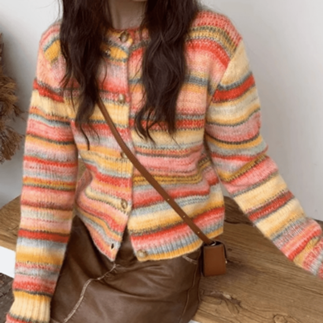 SHEIN Autumn Winter Multicolor Striped Retro Dopamine Reducing-Age Relaxed Contrast Color Knitted Cardigan Sweater For Women