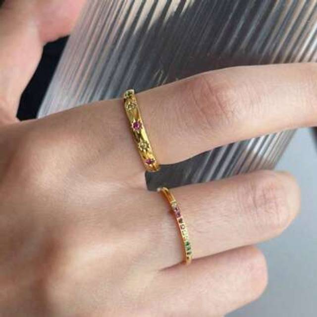 SHEIN 2pcs Colorful Cubic Zirconia & Golden Waterproof Star Rings Set, Jewelry Gift