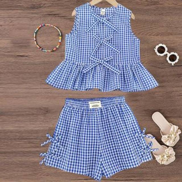SHEIN Tween Girl Woven Plaid Sleeveless Cute Bow Decor Patchwork Ruffle Hem Shirt & Casual Shorts 2-Piece Set, Suitable For Spring/Summer, Casual Outing, Sp