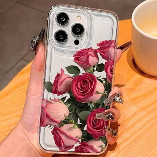 SHEIN Realistic Rose Print Clear Case Compatible With IPhone Compatible With Apple IPhone 16/11/12/13/14/15/15pro/15 Plus/15 Promax/7plus/8plus/X/Xs Max/Xr/