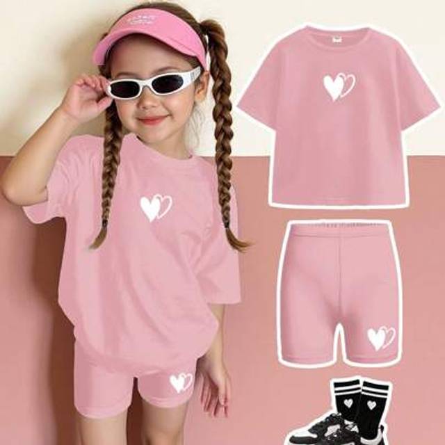 SHEIN Young Girl Casual Minimalist Short Sleeve Top And Shorts 2 Pieces Set, Suitable For Summer