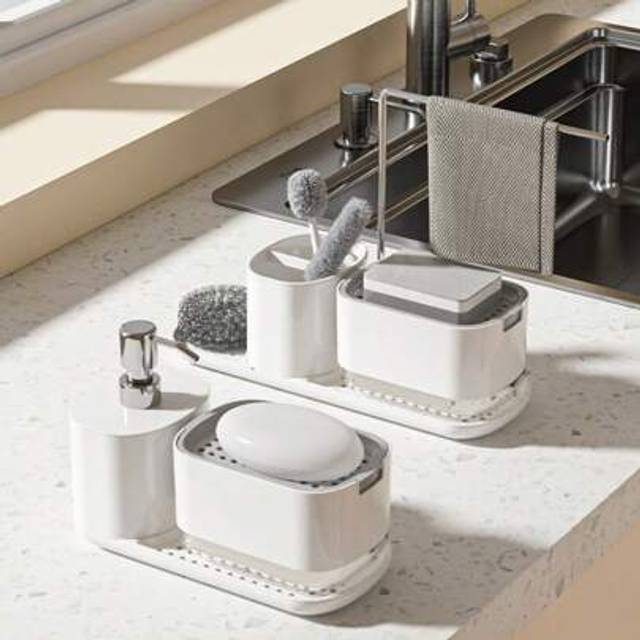 SHEIN 1pc Kitchen/Bathroom Soap Dispenser With Shelf, Refillable Multipurpose Soap Dispenser With Sponge Holder, Pump Liquid Soap Dispenser For Kitchen Sink