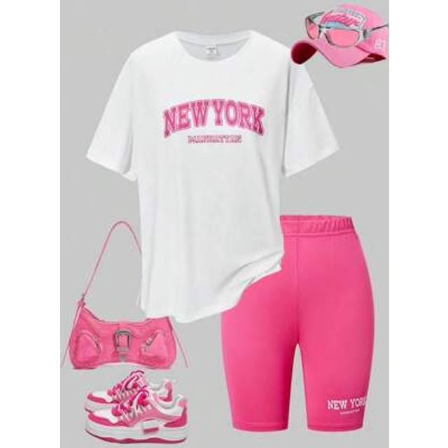 SHEIN 2pcs Teenager Girls Letter Print Crew Neck Casual Loose Fit T-Shirt And Sports Shorts Set Young Girls Sets Outfit Set Set Outfit Set Outfit For Teens