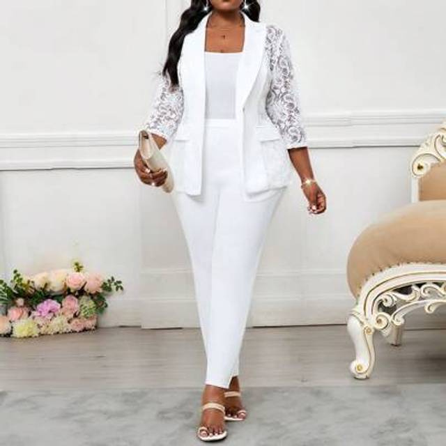 SHEIN Plus Size Women Contrast Lace 3/4 Sleeve Blazer And Pants Elegant 2 Pieces Set