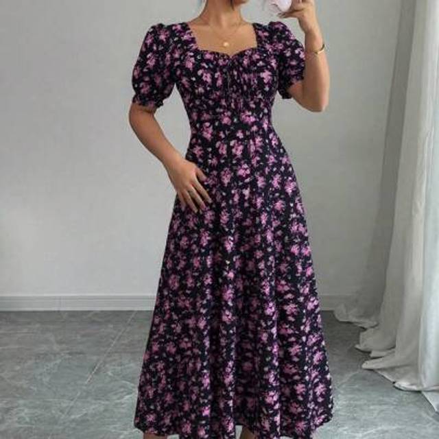 Calvaya Women&#39;s Elegant Floral Print Square Neck Mini Dress, With Ruffle Trim And Ruffle Sleeves, Suitable For Spring, Summer And Autumn
