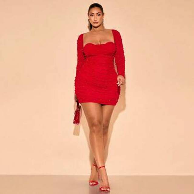 SHEIN Plus Size Red Party Dress: Beaded Sweetheart Neckline Knitted Mini Dress With Long Sleeves