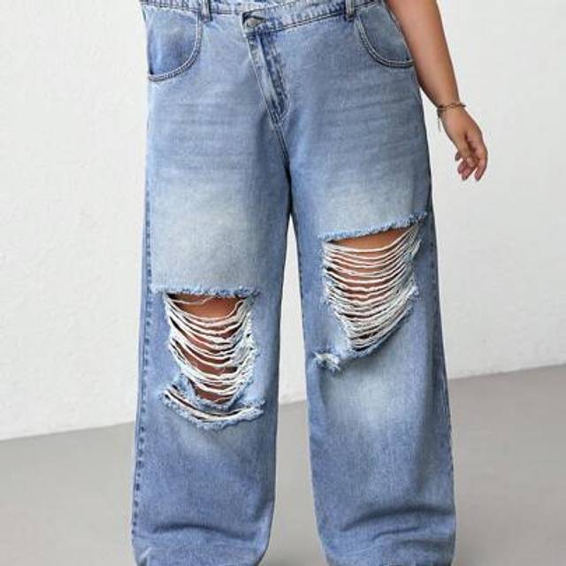 SHEIN Oversized Blue Ripped Jeans Wide-Leg Pants For Summer Comfortable Lightweight Denim Elastic Waistband