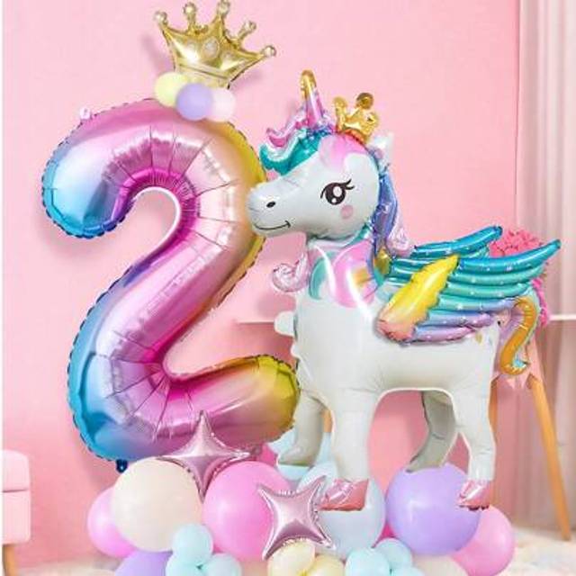 SHEIN 1/33pcs Unicorn Rainbow Birthday Balloons Set, Includes 25&#34; Freestanding Unicorn Balloon, Rainbow 0-9 Number Balloons, Happy Birthday Foil Balloons, G
