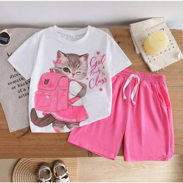 SHEIN 2pcs/Set Young Girls Casual Cute Cat Paw Print Short Sleeve Tee And Shorts Set, Suitable For Summer Sports, Daily Outdoor Activities