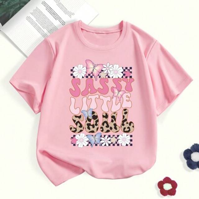 SHEIN Girl Casual Crew Neck T-Shirt With Letter & Butterfly Print, Children Clothing